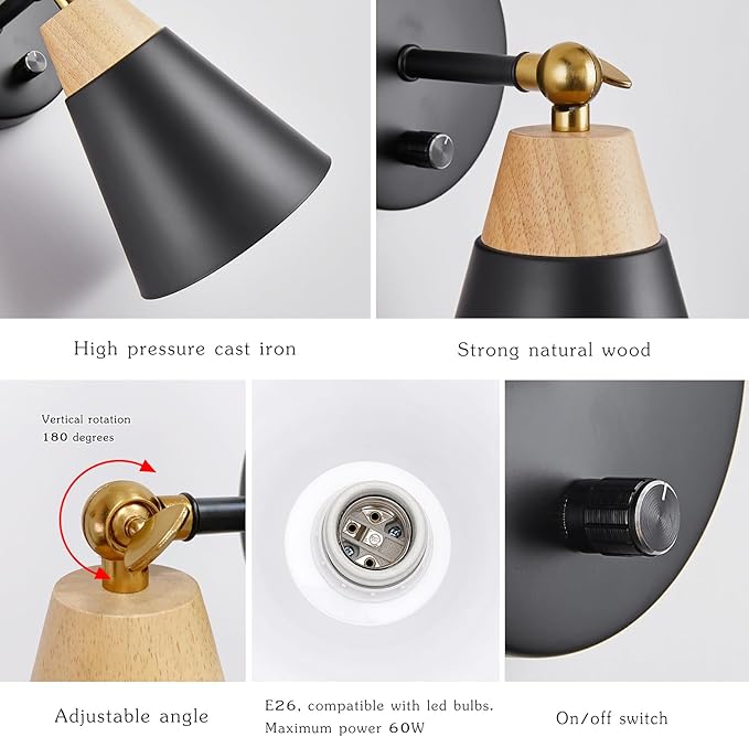 Wall Sconce Lighting Fixture with Metal Shade, On/Off Switch, Indoor Decor Wall Mount Swing Arm Lamp for Bedroom,Hallway,Living Room,Reading, Black