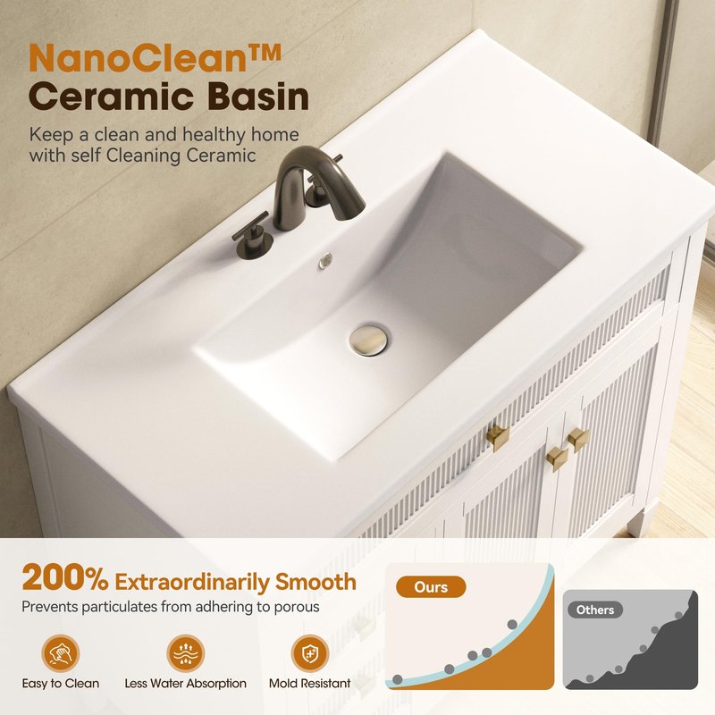 Alphabath 36 Inch Bathroom Vanity with Sink, Solid Wood Bathroom Cabinet with Nano Clean Integrated Sink, Soft Closing 2 Doors & 2 Drawers, Easy Assembly, Charcoal Blue