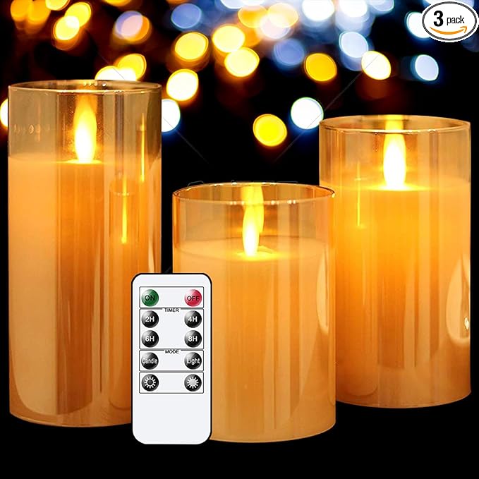GenSwin Glass Flameless Candles Battery Operated with Remote Timer, (Gold, Pack of 3)