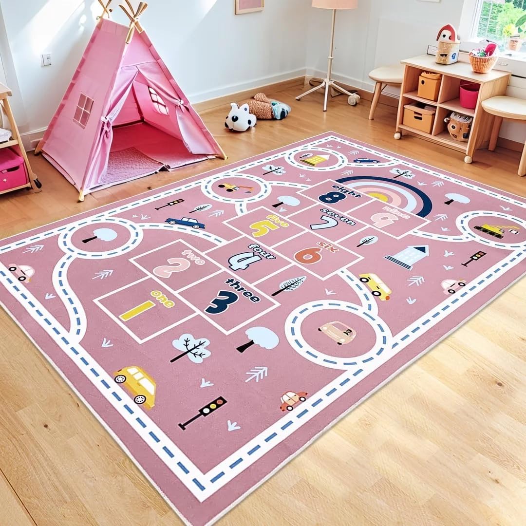 Abeigoi Play Mat Area Rug 5'x8' Pink, Extra Large Hopscotch Carpet for Kids Girls Bedroom Soft Classroom Rug Educational Learning Rug Children Rug