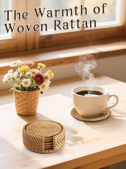 6pcs Natural Handmade Rattan Coasters with Holder - Wicker Drink Coasters Set for Protecting Table, Housewarming Gifts Boho Fall Home Decor