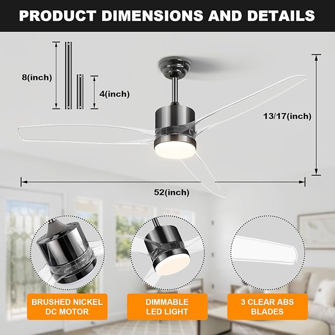 OKELI Clear Ceiling Fan with Light, 52 Inch Black Transparent Ceiling Fans with Light and Remote 3 Reversible Blade LED Ceiling Fan and Light Combo for Living Room, Bedroom, Patio