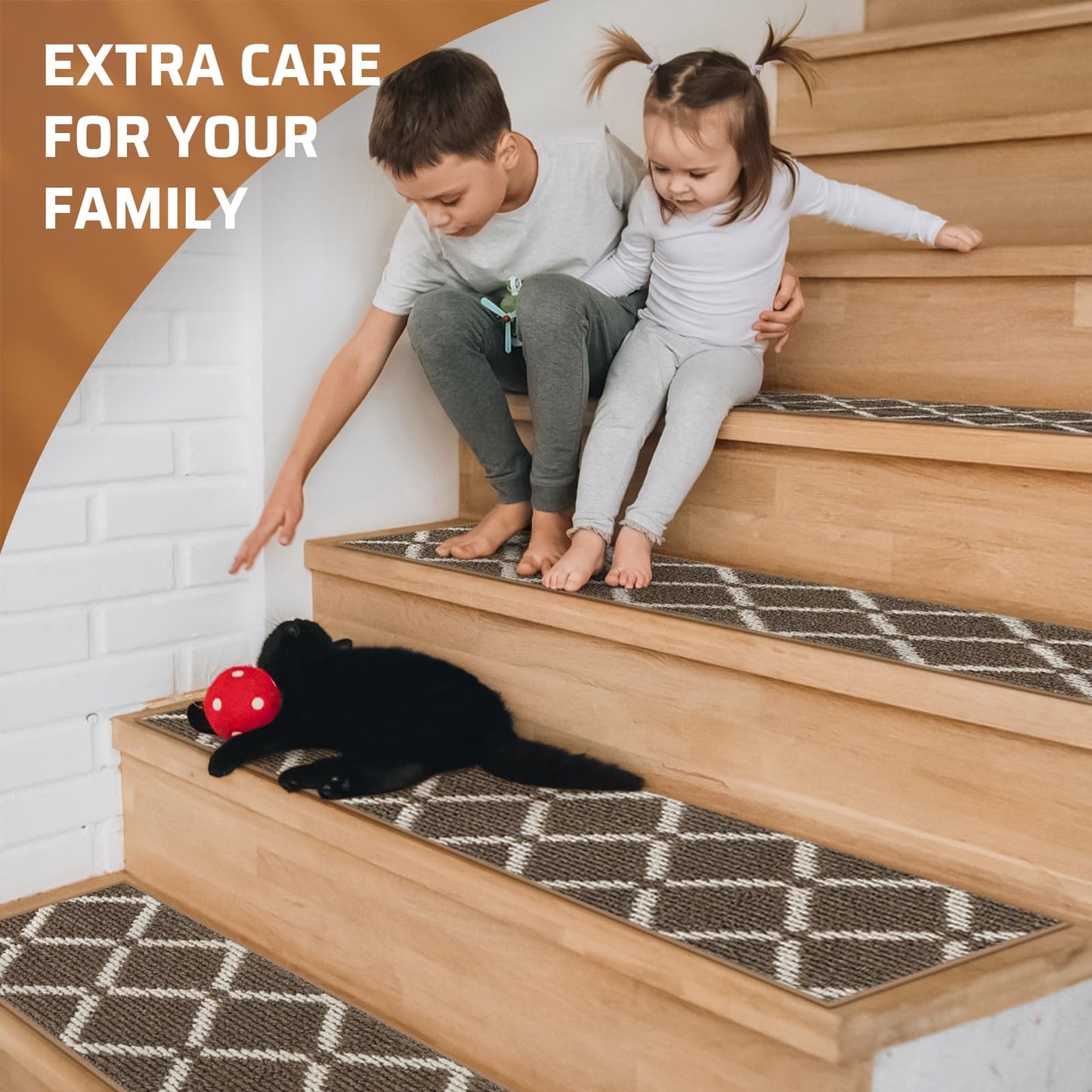 CrystalMX Stair Treads Non Slip for Wooden Steps Indoor, 15 Pack 8" X 30" Carpet Runners for Wood Stairs with Self-Adhesive Backing, Stickiness Stair Rugs for Kids Elders and Dogs, Square Brown