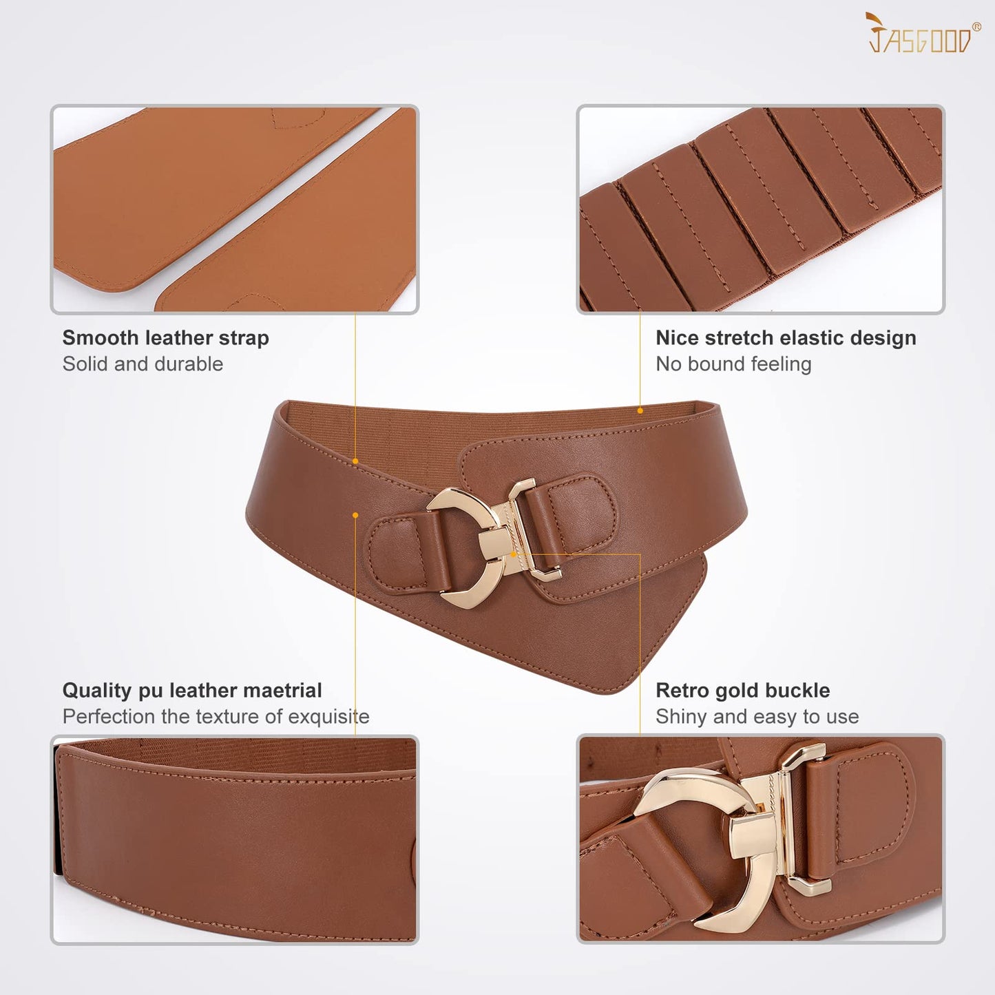 JASGOOD Women's Fashion Vintage Wide Elastic Stretch Waist Belt with Gold Interlock Buckle Halloween Belt (Brown,Suit Waist 30-35 Inch)