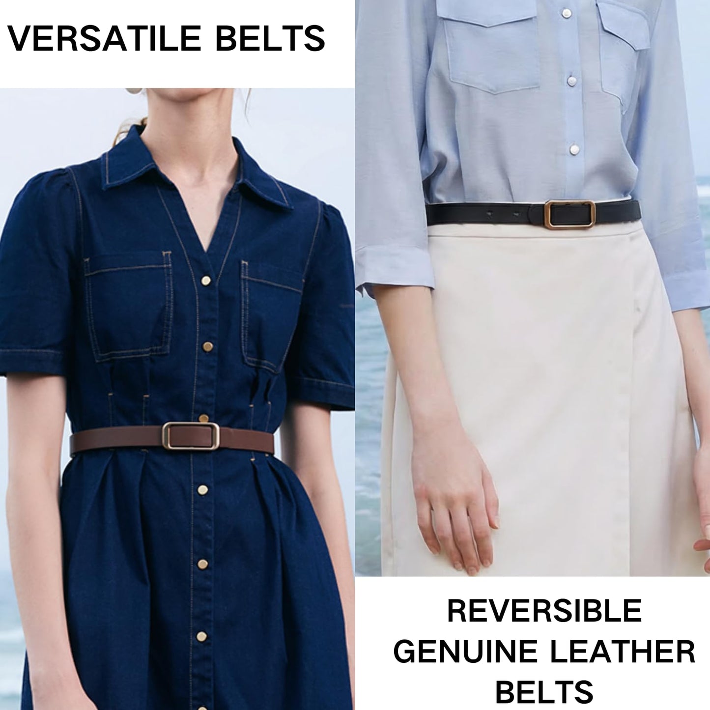 GOELIA Women's Reversible Genuine Leather Belt Thin Fashion Waist Belts for Jeans Pants Dresses with Gold Buckle
