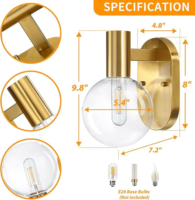 Indoor Outdoor Wall Light Fixture, Golden Bathroom Vanity Light, Bathroom Wall Light Fixture Over Mirror, Modern Brass Wall Sconce with Globe Glass for Hallway, Bedroom