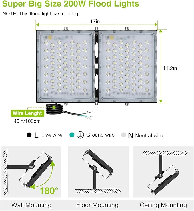 STASUN Flying Series Pro - LED Flood Light Outdoor, 200W 20,000 lumens, IP66 Waterproof Exterior Commercial Floodlight, 6000K Daylight White, 2 Adjustable Heads for Yard, Parking Lot