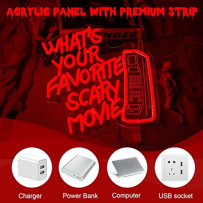 What’s Your Favorite Scary Movie Neon Sign – Red LED Wall Light with Retro Phone Design – Horror Movie Night & Halloween Party Décor
