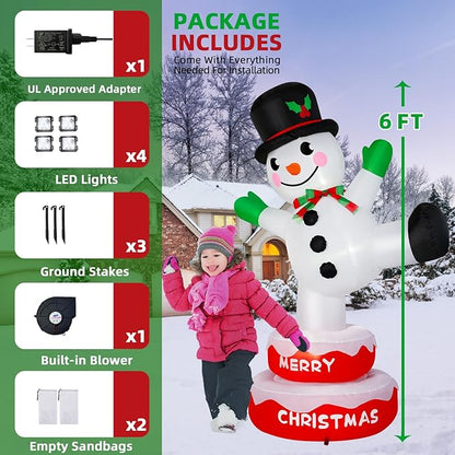 6FT Christmas Inflatables Snowman Outdoor Decorations, Rotating Snowman Inflatable Stands on Donut Base Christmas Blow Up Yard Decorations Built-in LEDs for Xmas Party Garden Outdoor Decor