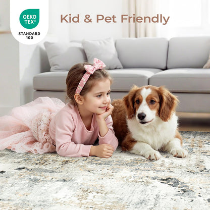 Carpelux 5x7 Area Rugs, Neutral Machine Washable Rugs for Living Room, Abstract Modern Soft Non-Slip Thin Print Floor Carpet for Bedroom Kids Room, Brown/Grey