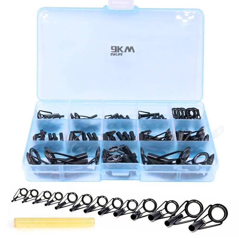 9KM DWLIFE Fishing Rod Tip Repair Kit 45pcs, Black Stainless Steel, Wear Resistant Ceramic Ring, Rod Tip Repair Kit