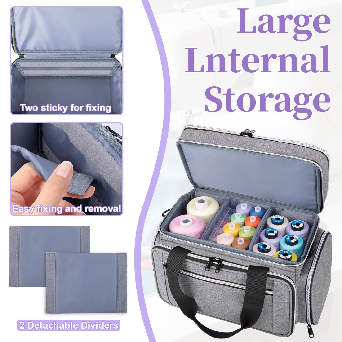 Anitor Large Sewing Supplies Organizer, Double Layer Sewing Storage Organizer with Two Detachable Dividers, Travel Sewing Bag Organizer with Shoulder Strap for Accessories, Gray, (Bag Only)