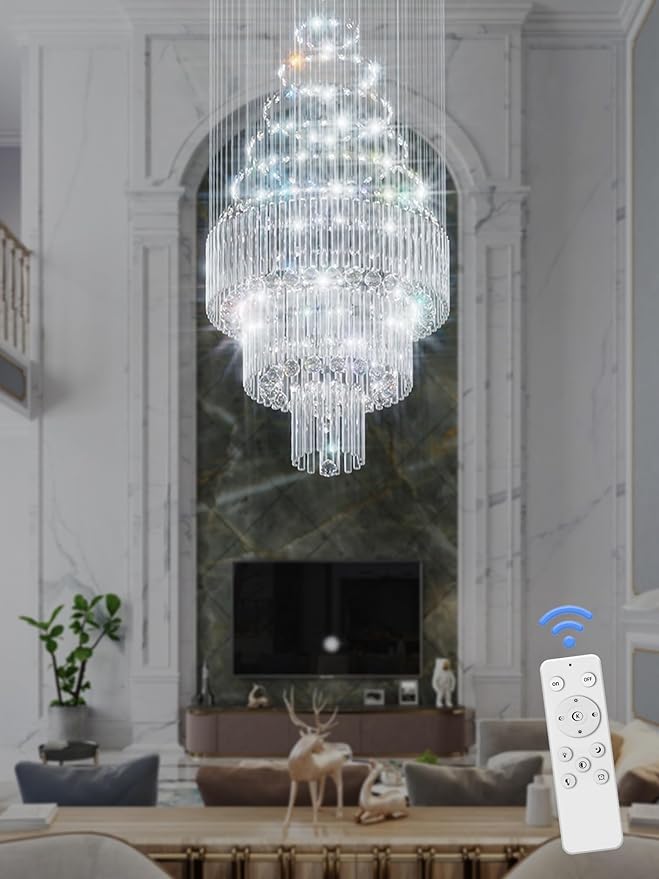 Flashing God D24''XH86'' Large Crystal Chandelier Silver Modern Raindrop Ceiling Light, High Ceiling Chandelier Suitable for Entrance Villas and Foyer