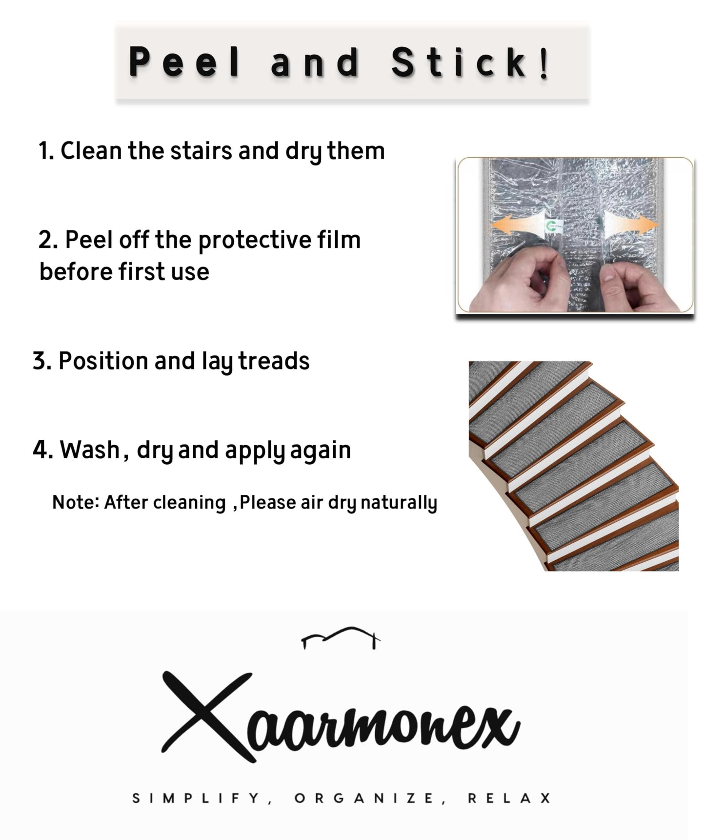 Xaarmonex Natural Linen Stair Treads for Wooden Steps, 15 Pcs 8" x 30",Non Slip Stair Runner, Peel and Stick Carpet Indoor for Kids Elders and Pets (15, Black, 8" x 30")
