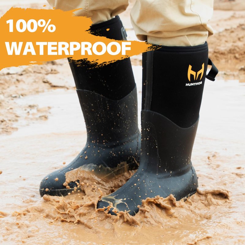 Hunthor Rubber Work Boots, Puncture-Proof with Steel Toe & Shank, Waterproof Insulated 6mm Neoprene Hunting Boots for Farming, Construction, Gardening, Fishing, Outdoor Work