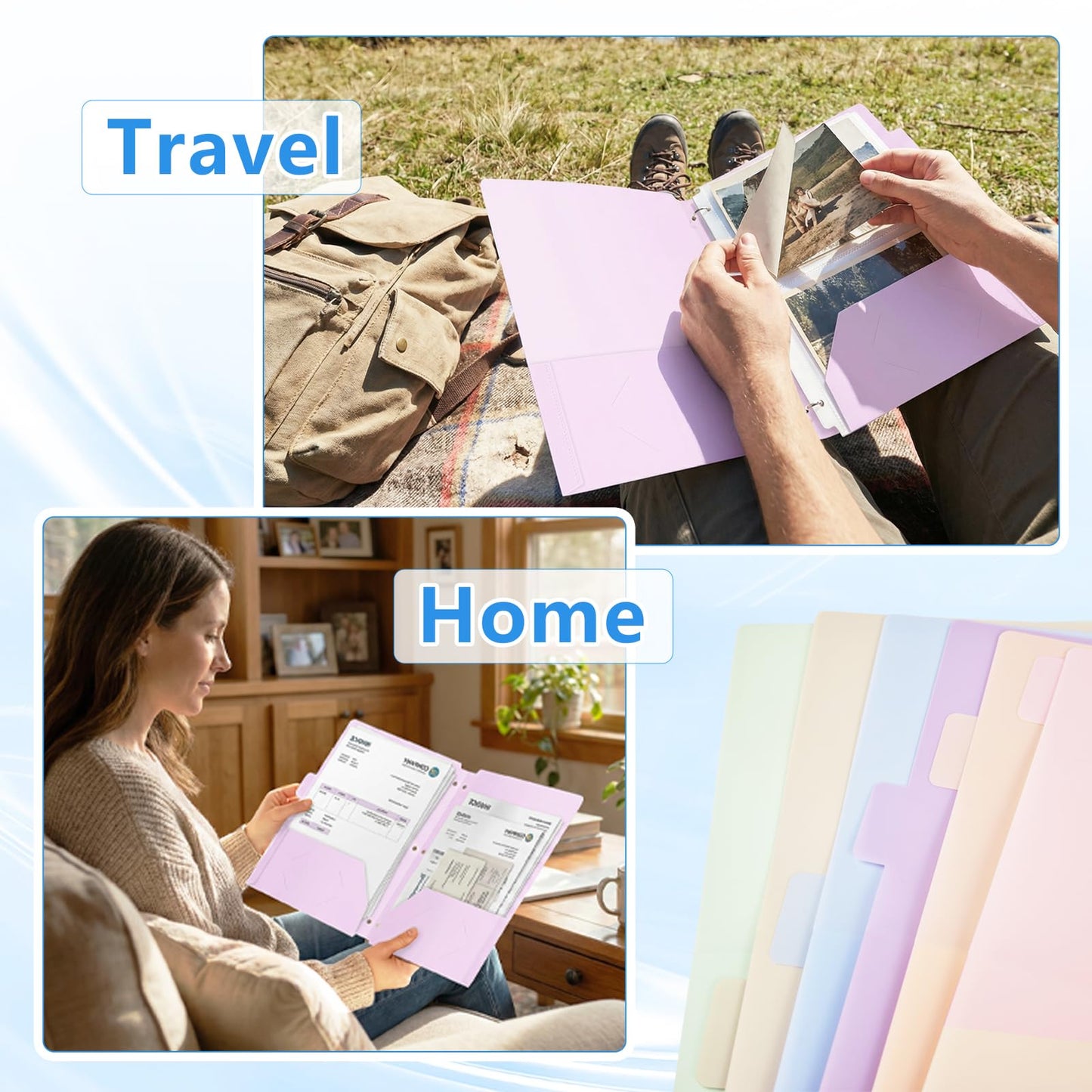 HOUYEE 12 Pack Plastic Folders with Pockets 3 Hole Punched, 2 Pockets File Folders for 3 Ring Binder, with 2 Business Card Slot, 1/6 Cut Tabs & Labels, for Letter Size, School Office Home Bussiness
