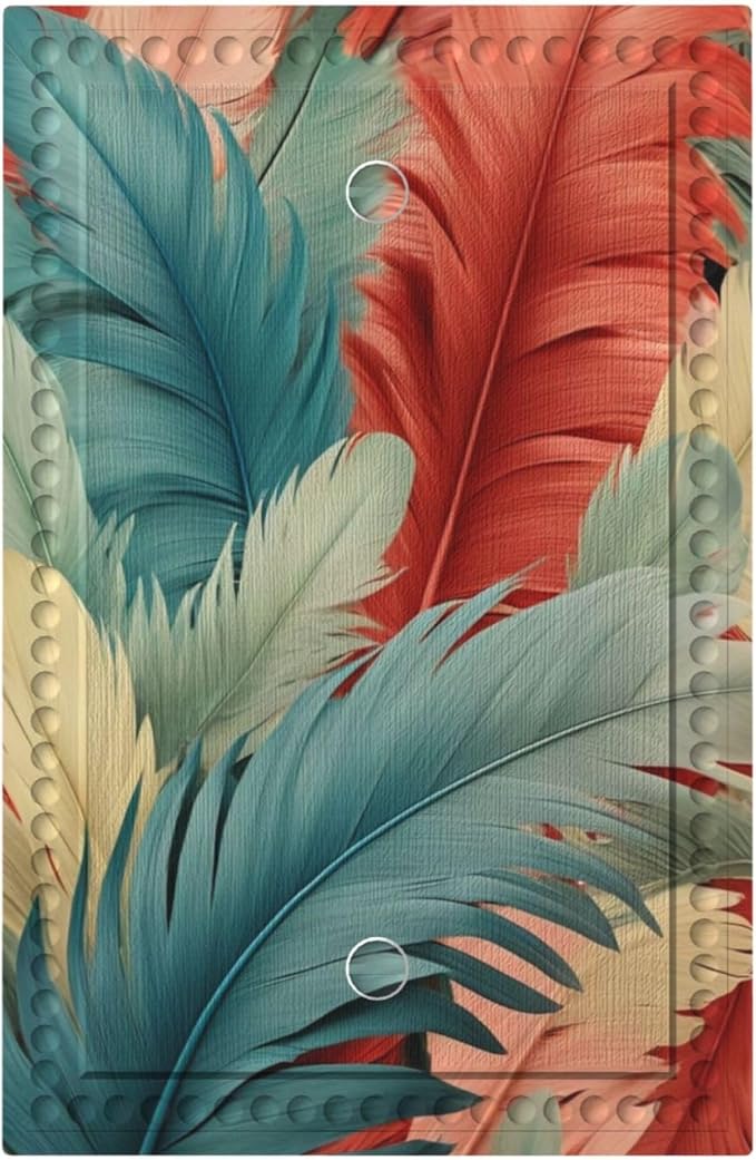 Colorful Feathers Blue Red Light Switch Covers No Device Wall Plate 1 Gang Decorative Blank Switchplate Electrical Faceplate for Country Living Bedroom Decor