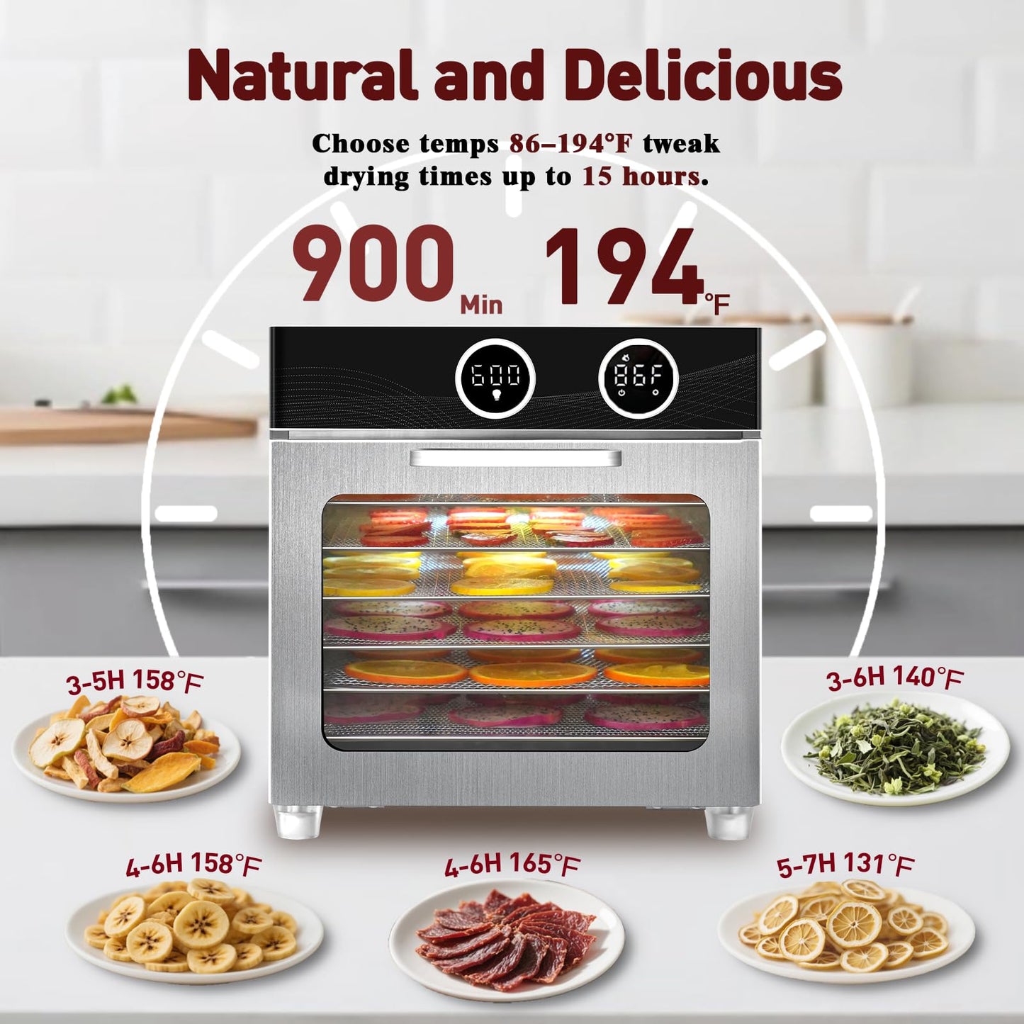 Food Dehydrator with 6 Stainless Steel Trays, with Electronic knob, 194°F Temperature Adjustable and 0-15 Hour Digital Timer, 800W dehydrators, low noise, for Dog Treats, Meat, Fruit, Jerky and Herbs