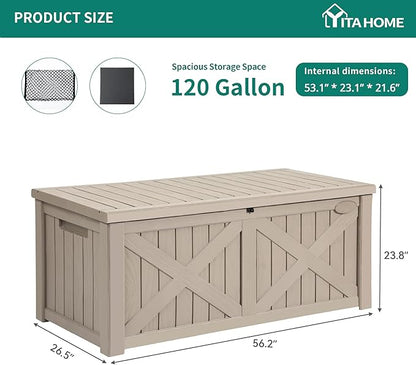 YITAHOME 120 Gallon Large Deck Box with X-Shaped Front, Resin Outdoor Storage Boxes, Waterproof Cushion Storage Bench for Patio, Pool Supplies, Garden Tools - Lockable, Taupe