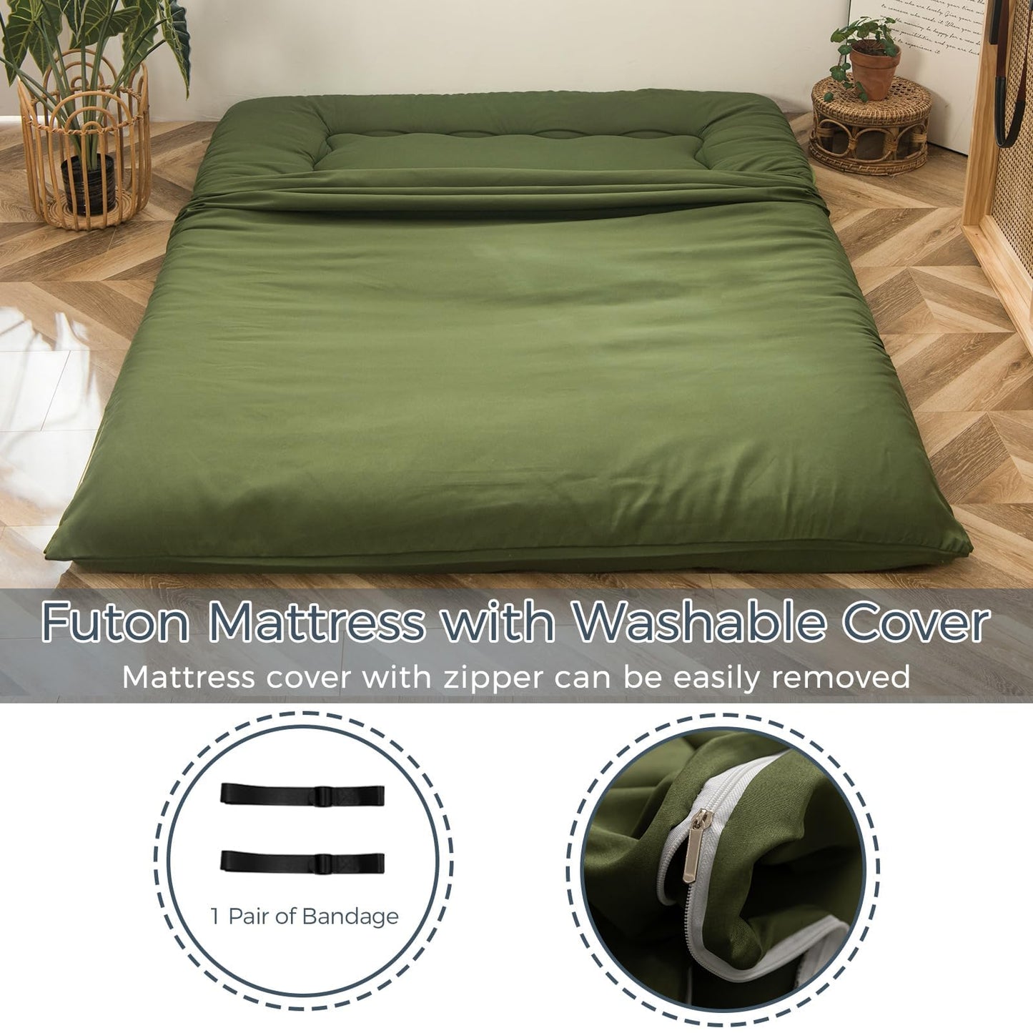 MAXYOYO 6" Extra Thick Japanese Floor Mattress Futon Mattress, Foldable Tatami Pad for Adults, Roll Up Floor Mat for Living Room Guest Room RV, Green, Queen