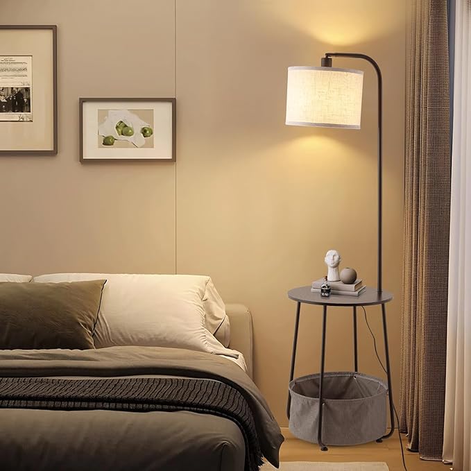 Floor Lamp with Cat Bed and Charging Station, Adjustable Lampshade, 3 Color Temperatures, Remote & Foot Switch Control, Standing Lamp with USB & AC Outlets for Living Room Bedroom, Black