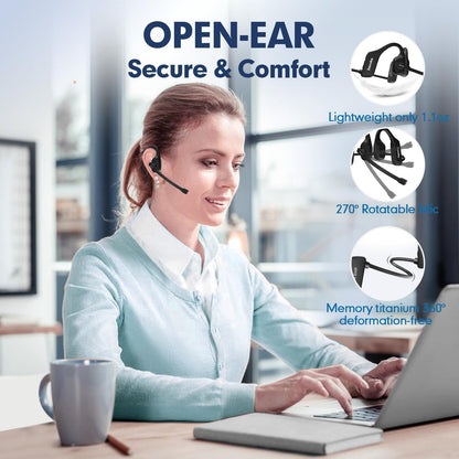 Bluetooth Phone Headset Wireless Bluetooth with Noise Cancelling Microphone, Open Ear Air Conduction Bluetooth Headphones with Mic for Work, PC, Laptop, Truckers, Cell Phone, Truck Drivers,Sports