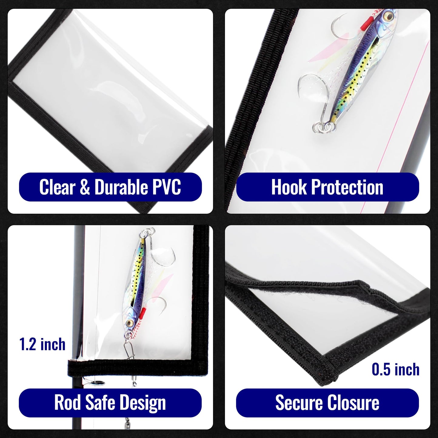CASTSTRIKE 6PCS Fishing Lure Wraps Hook Safety Cover, Clear PVC Lure Protector for Treble Hooks, Bait Storage, Tangle‑Free Safe Fishing + Rod Tip Protector, Saltwater Safe (3M+3L)