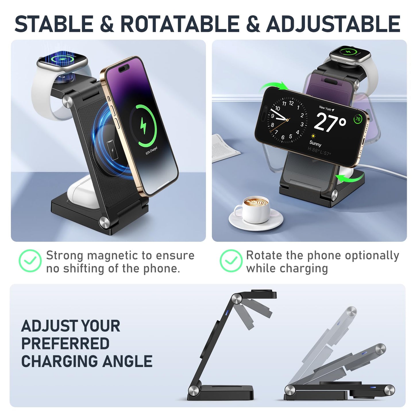 GEJIUCAI Magnetic Wireless Charger Stand, 3 in 1 Foldable Wireless Charging Station, Travel Charger for Multiple Devices for iPhone 16 15 14 13 12 Series, Apple Watch Ultra/9/8/7/6/5/4/3/2, AirPods