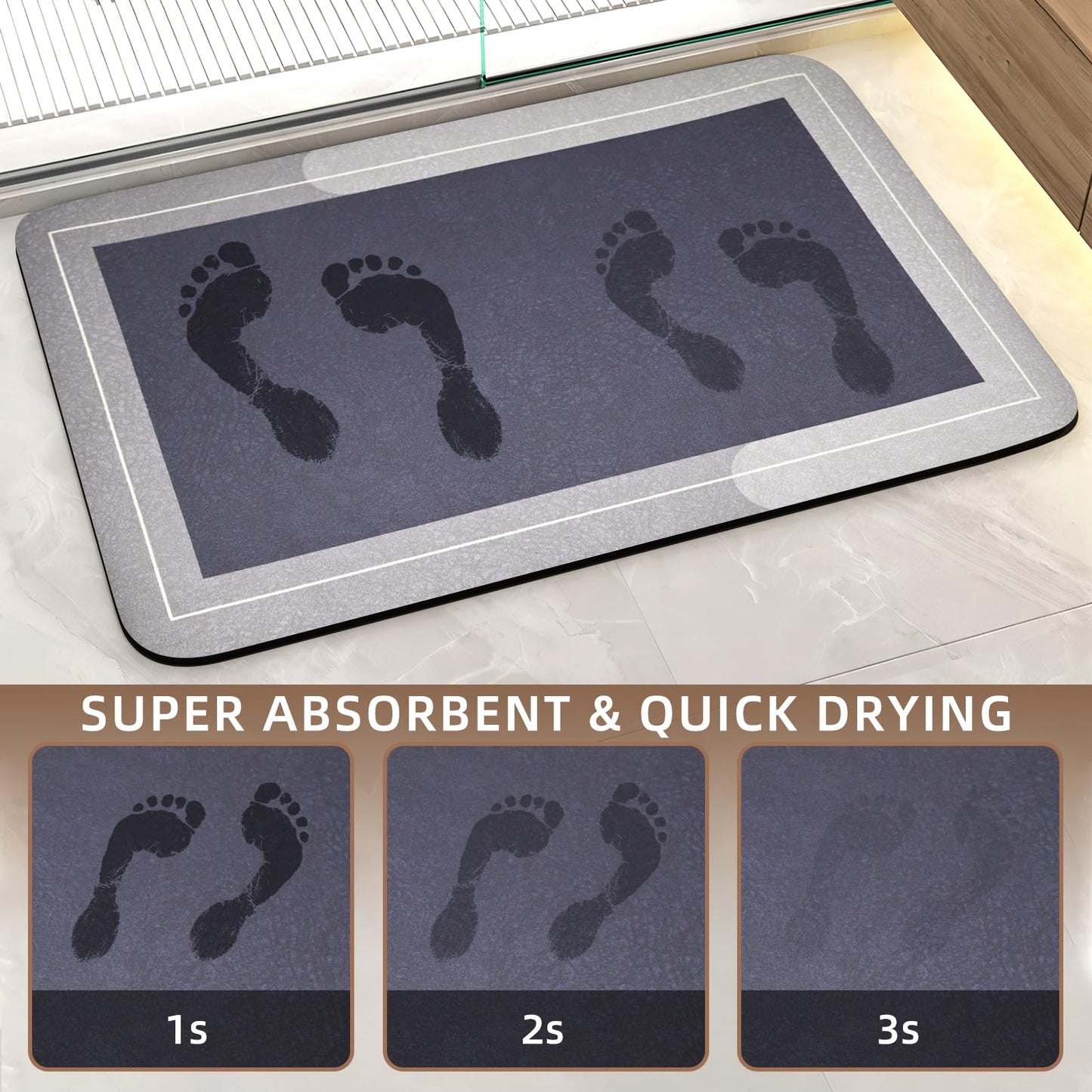 Diatomaceous Earth Bath Mat Super Absorbent Quick Dry Bath Mat, Bathroom Rugs Non Slip Washable, Thin Dark Gray Bathroom Floor Mats-Shower Rug for in Front of Bathtub Shower, Easy Care, 15.7"x23.6"