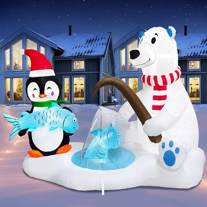 7.1FT Christmas Inflatable Polar Bear & Penguin Fishing Decoration, Christmas Blow Up Penguin Wear Scarf & Santa Hat and Polar Bear Inflatable Built-in 5 LED for Christmas Inflatables Outdoor