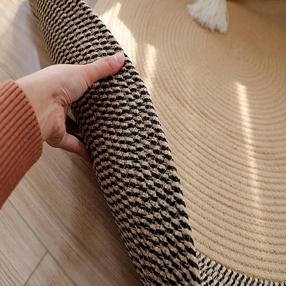 Poowe Hand Woven Round Area Rugs Living Room Bedroom Study Computer Chair Cushion Base Mat Round Carpet Lifts Basket Swivel Chair Pad Coffee Table Rug(3.3' Round)