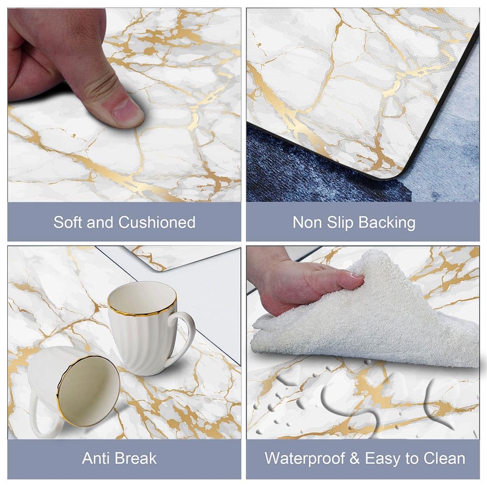 Mrcrypos Gold White Kitchen Rugs Cushioned Anti Fatigue Marble Kitchen Runner Rug PVC Waterproof Leather Long Kitchen Rug Non Slip Floor Comfort Mat for Kitchen Sink Laundry Office 23.5" W x 70" L