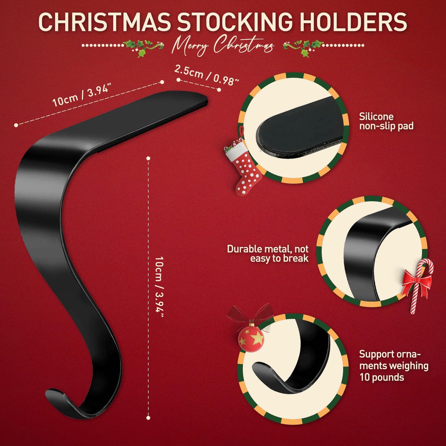 Edoneery Christmas Stocking Holders for Mantle with Silicone Anti-Slip Strips, Fireplace Mantel Stocking Hangers for Shelf, Garland Grips Hooks for Xmas & Family Party Decoration (Black, 4)