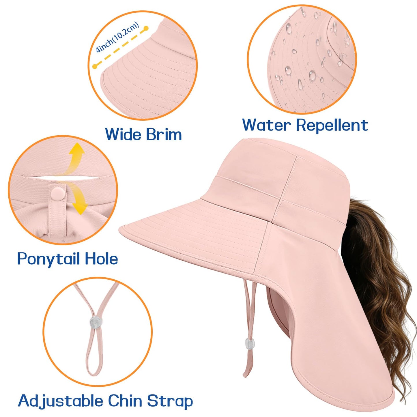 Sun Hat for Women with Neck Flap Ponytail Hole Women Sun Hat Rollable UV Protection Fishing Hat Wide Brim UPF 50+(Pink)