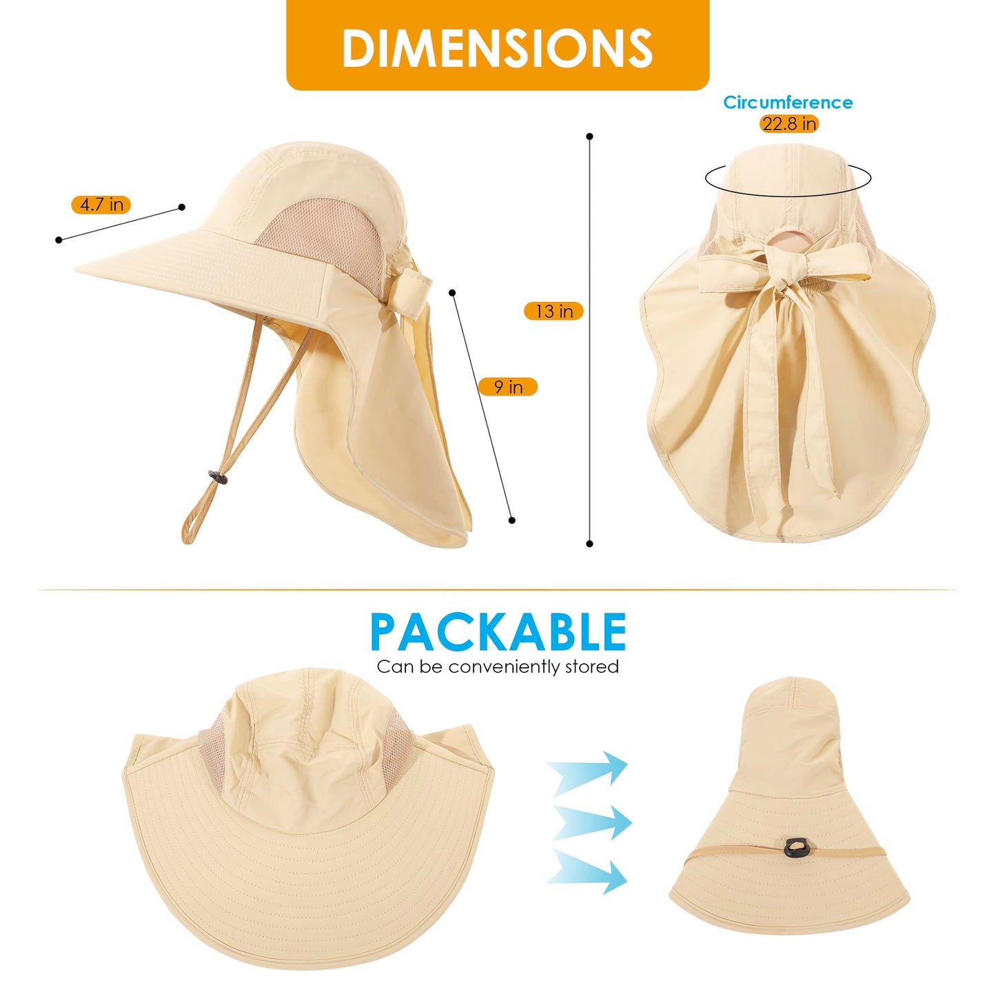 Womens Sun Hat UV Protection, Foldable Waterproof Wide Brim Bucket Hats with Neck Flap for Summer Beach Fishing Hiking