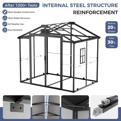 CDCASA 8x6x7 FT Resin Shed with Floor Included, Steel‑Reinforced Large Waterproof Outdoor Storage Sheds with Base & Lockable Door & Window & Vents, Outside Plastic Tool for Outside Patio Backyard