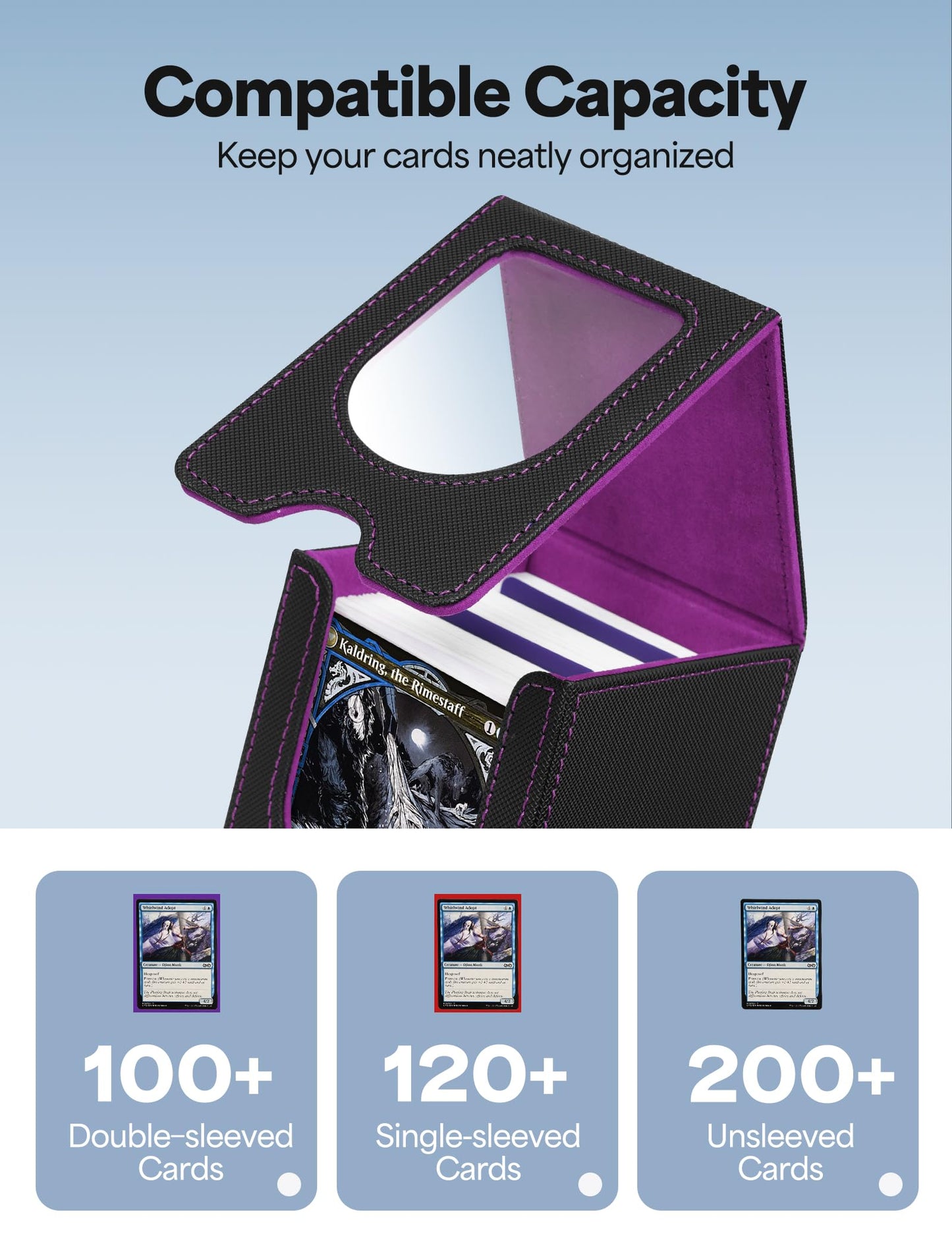 banloga Card Deck Box for MTG Commander, Card Case Holds 100+ Double-Sleeved Cards, Magic Card Box Fits for TCG/PTCG/CCG Card with 2 Dividers (Black&Purple)