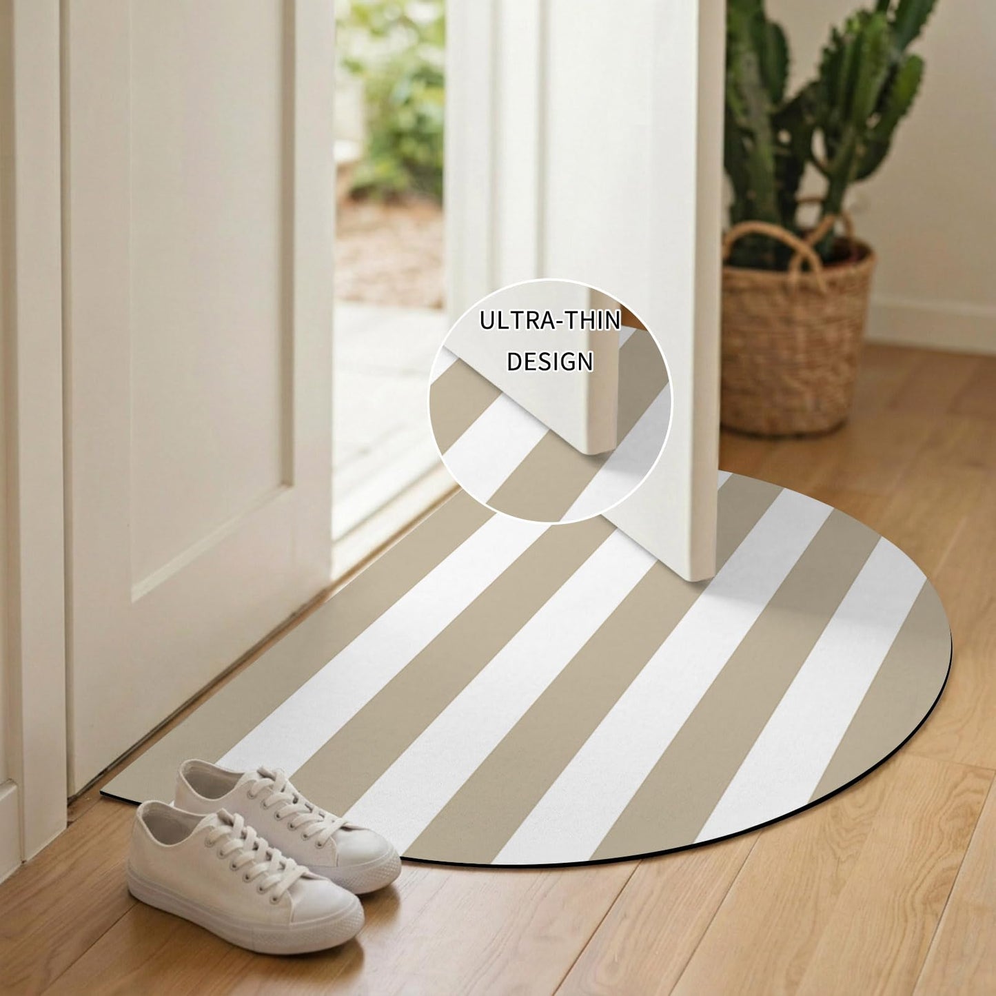 Half Circle Bath Mat Classical Stripe Semicircular Doormat Soft Non Slip Absorbent Quick Dry Diatomite Stone Area Rugs Khaki Drying Shower Mat for Bathroom Floor Bathtub Entryway Porch Kitchen 18"x30"