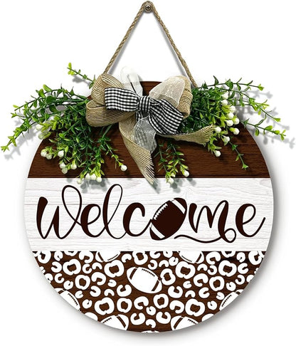 Welcome Football Front Door Sign Spring Summer Wooden Hanging Signs with Wreath And Bow Rustic Seasonal Football Game Sports Round Door Signs for Farmhouse Home Family Wall Decorations 12 X 12 Inches