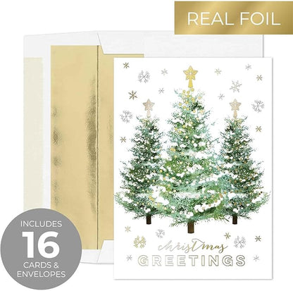 Masterpiece Gold Trimmed Trees Christmas Cards / 16 Boxed Seasons Greetings Holiday Cards Set With Coordinating Gold Foil Lined Envelopes / 5 5/8" x 7 7/8" Folded Winter Greeting Cards With Inside