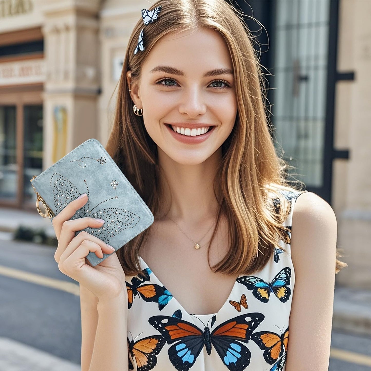 KITEVIUN Women RFID Blocking Small Bifold Wallet, Compact Cash Clutch with Zipper Coin Pocket, Glittery Butterfly Design, Credit Card Holder, Travel Purse with Tassel BLUE