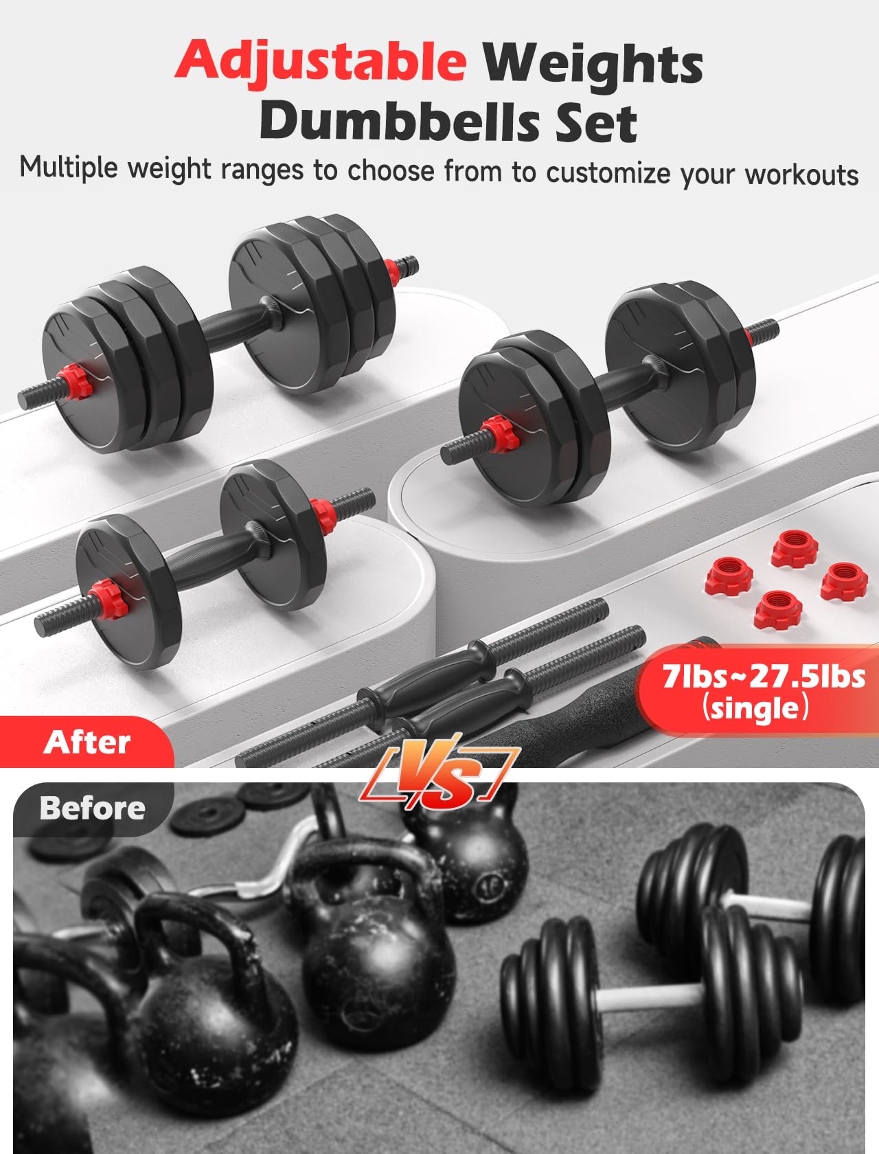 Adjustable Dumbbells, 20/30/40/55/60/70/80/90lbs Free Weights Dumbbells Convertible 2 or 3 in 1 Set Used as Barbell, Kettlebells, A Pair of Lightweight for Home Gym