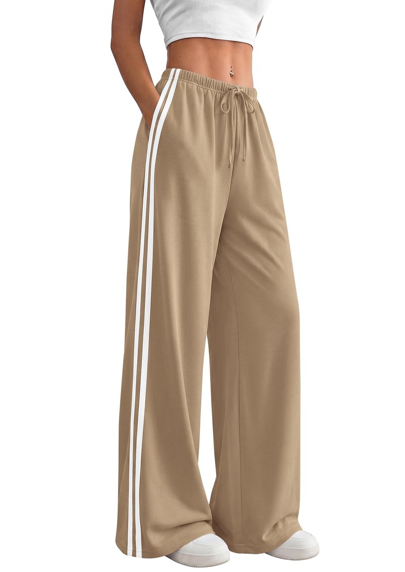 PRETTYGARDEN Womens Wide Leg Sweat Pants Striped Drawstring Waist Casual Athletic Track Flowy Pants Trousers Summer Clothes (Khaki,M)