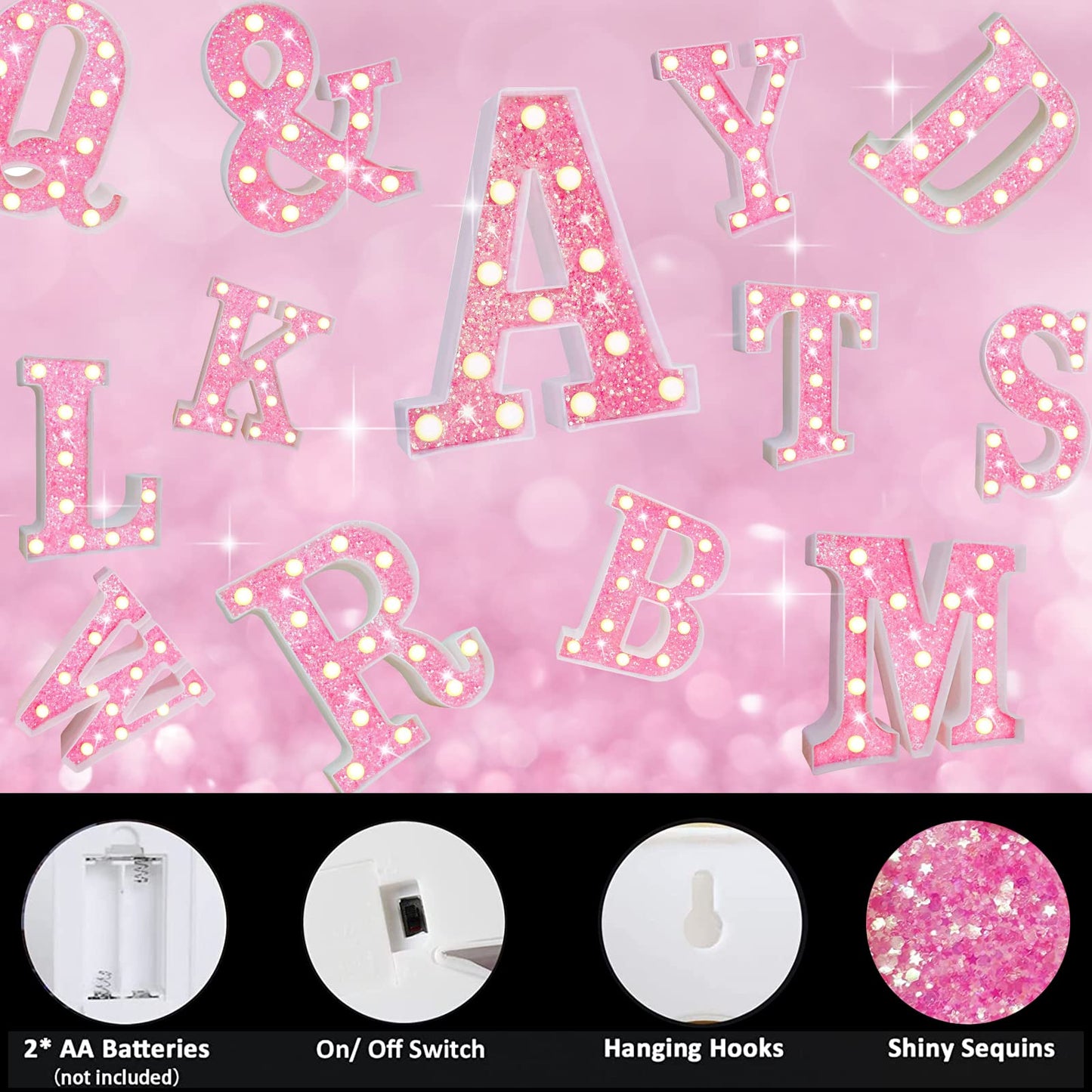 Light Up Letters, Glitter Alphabet Letter Sign Pink LED Marquee Letter Lights Battery Powered for Night Light Girls Bedroom Birthday Party Wedding Home Christmas Decorations Gift for Her-Pink D