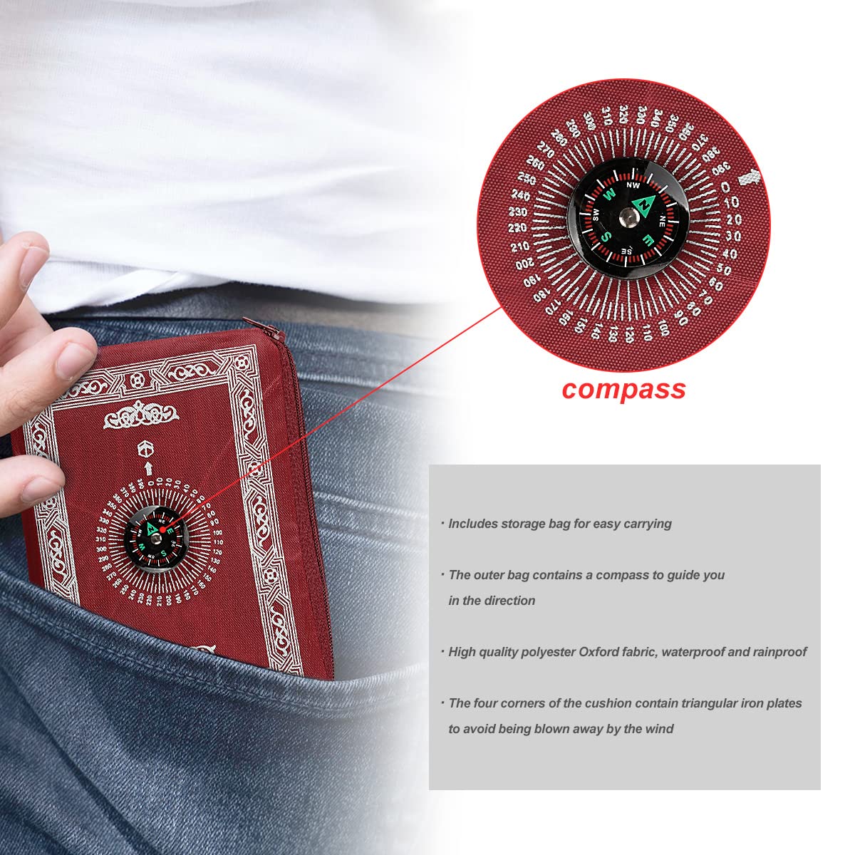 Travel Prayer Mat Rug, GLADPRESIT Portable Pocket Mat with Compass, 60 x 100cm Waterproof Praying Rug (Red)