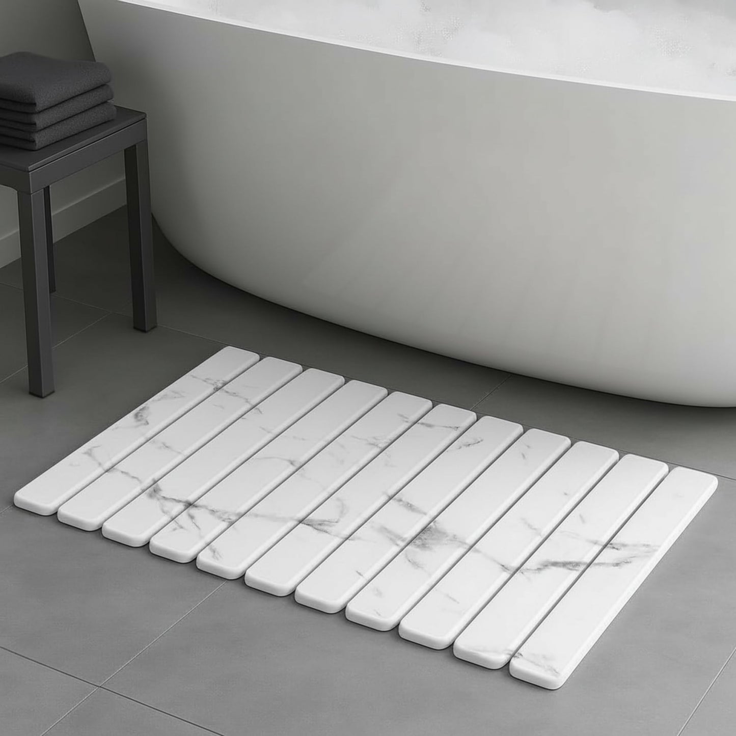 ELIHAM ESSENTIALS Premium Foldable Stone Bath Mat - Ultra Absorbent Quick Drying Compact Easy to Store & Clean Non-Slip Diatomaceous Earth Bath Shower Mat (Marble White)