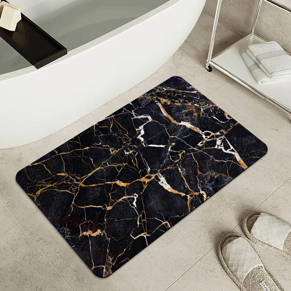 Bath Mat Rug,Black marble with yellow and white Non Slip Quick Dry Super Absorbent Thin Bathroom Rugs Fit Under Door-Easy to clean Bathroom Floor Mats-Shower Rug for Shower Sink Bathtub(16" x 24"In)