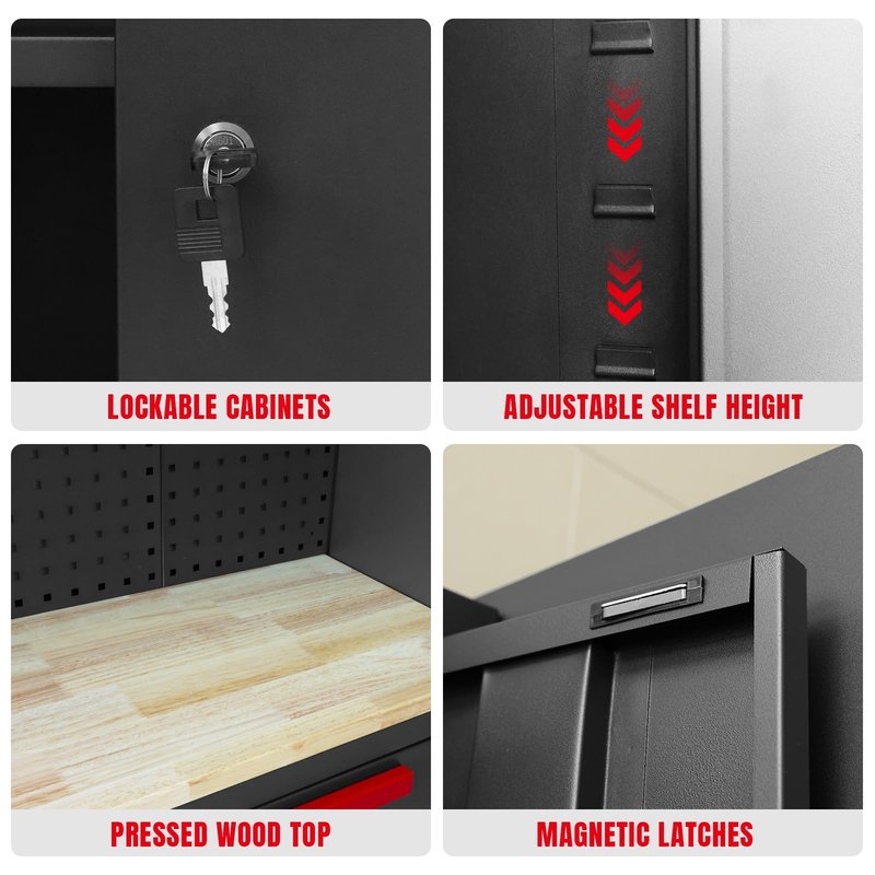 Torin Garage Storage Cabinets System, 6-Pcs Workshop Cabinet Set in Black, Included Steel Cabinets Drawers Rolling Chest and Pegboard,Locked Garage Storage Cabinet