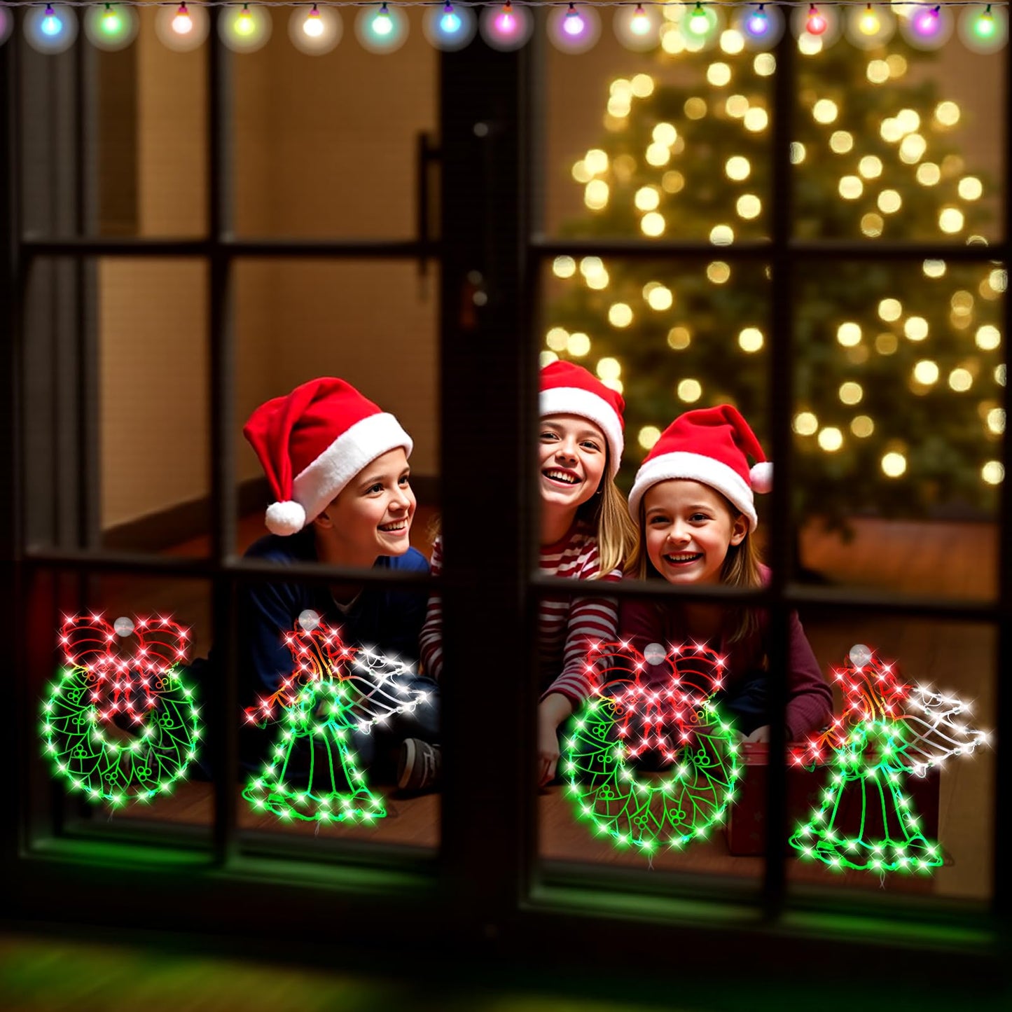 SUPHONOR 16" Christmas Window Silhouette LED Lights Decorations, Pack of 2 Sign Lighted Wreath and Angel Christmas Window Lights for Indoor Wall Door Glass Decor, Window Hanging Lights
