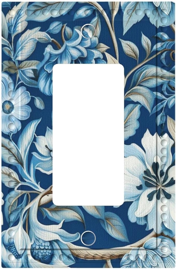 Blue Flowers Branches Leaves Floral Pattern Single Decora Outlet Wall Plate 1 Gang Rocker Decorative Switchplate Faceplate GFCI Light Switch Covers for Home Living Decor